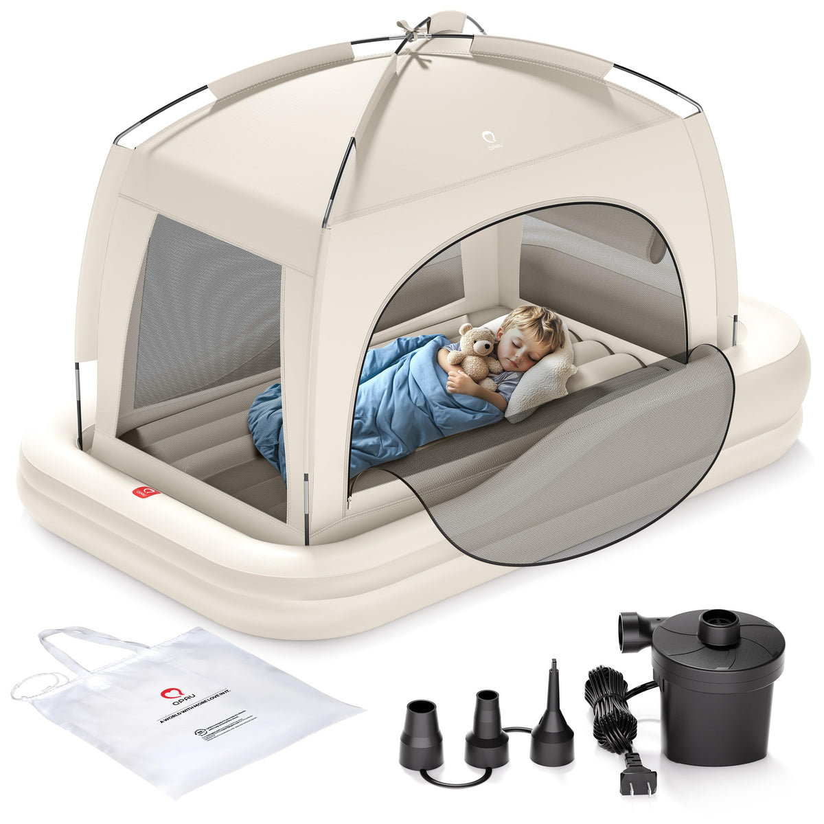 QPAU inflatable toddler bed with tent front view shows travel-ready setup.