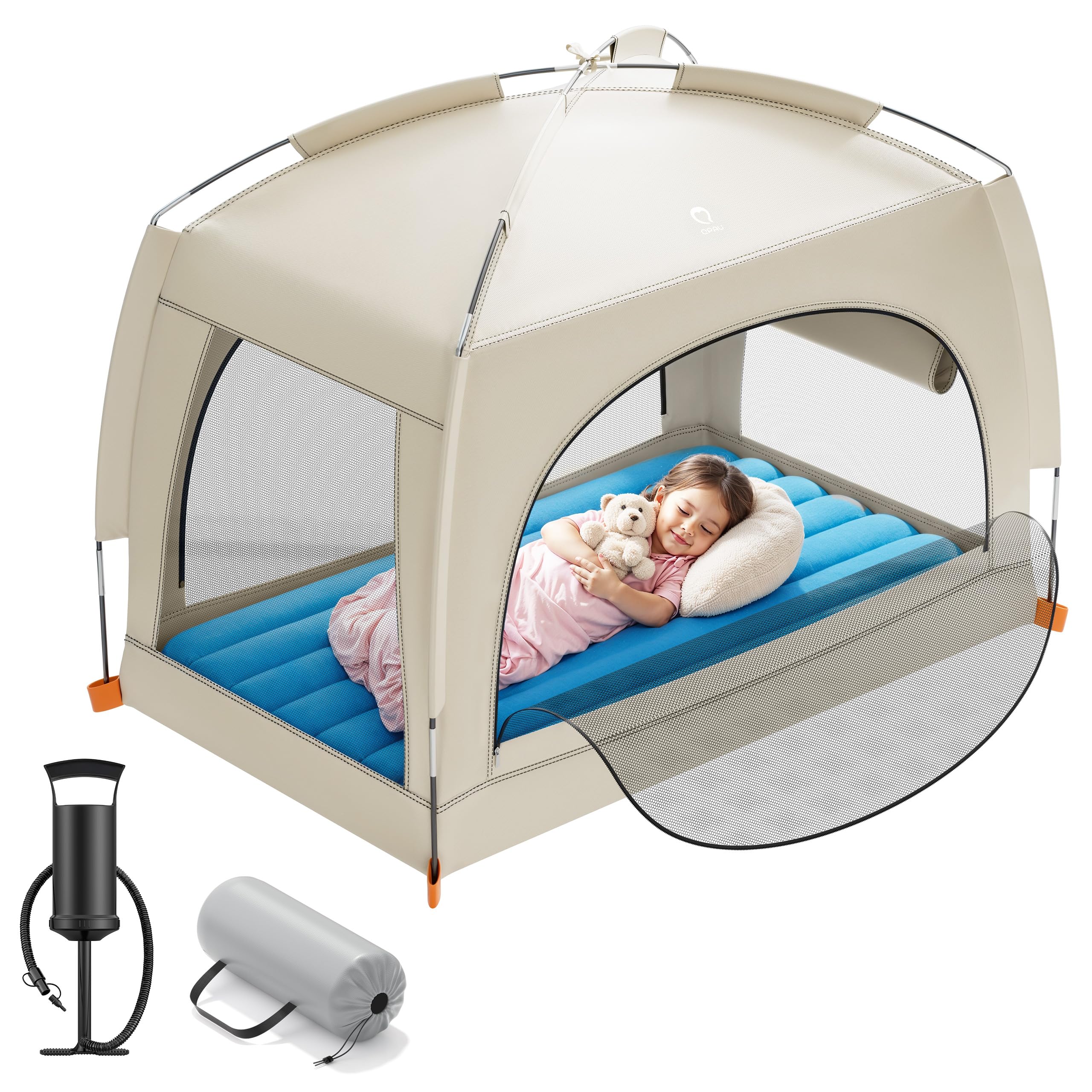QPAU inflatable toddler bed with tent setup for travel-ready comfort.
