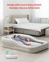 QPAU inflatable toddler bed side view showing compact portability.