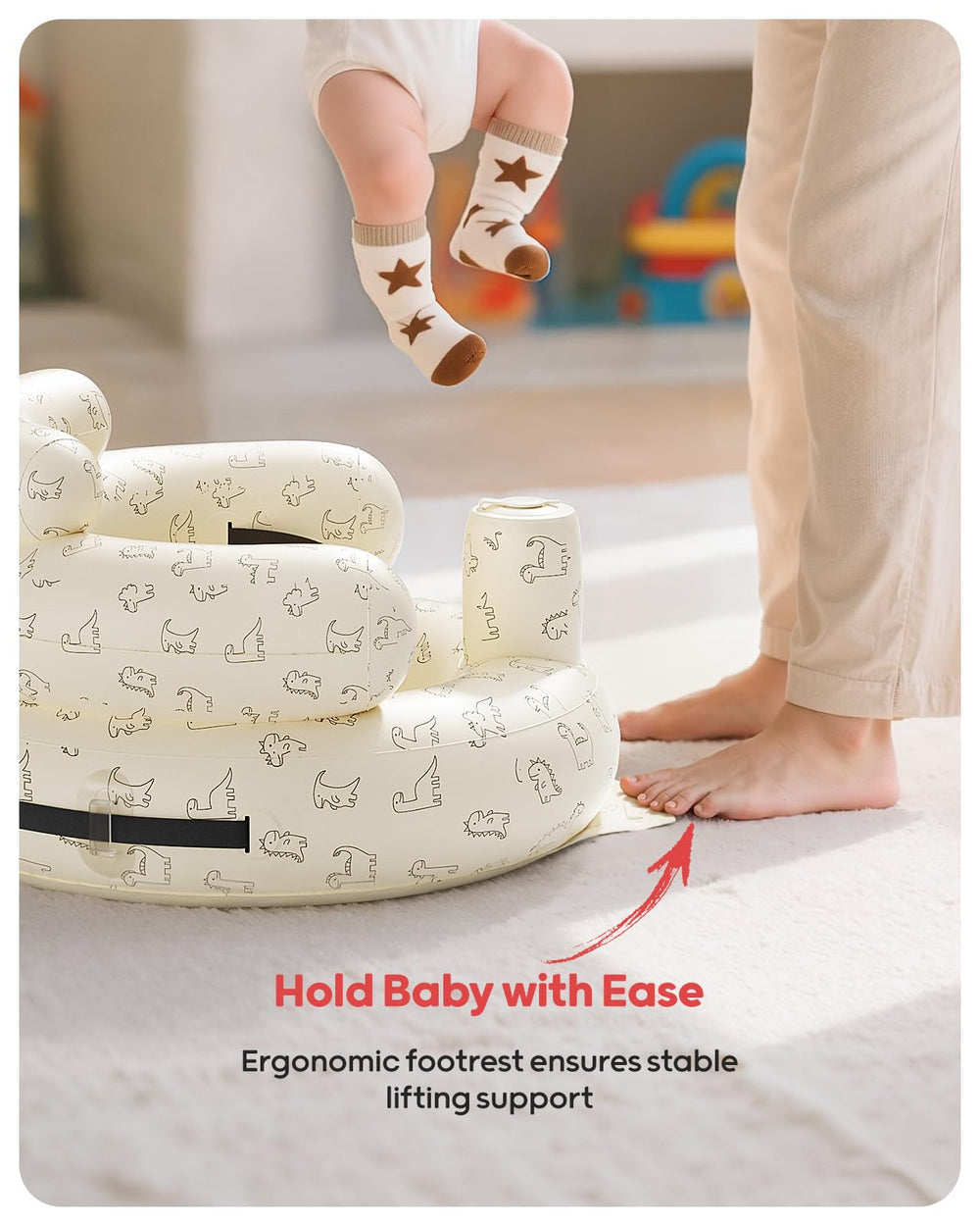 QPAU baby seat shown in multi-functional use for feeding, play, and travel.