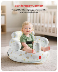QPAU safety harness secured demonstrates secure baby positioning during meals.