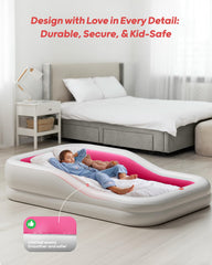 QPAU toddler air mattress close-up shows durable puncture resistant PVC and reinforced seams.