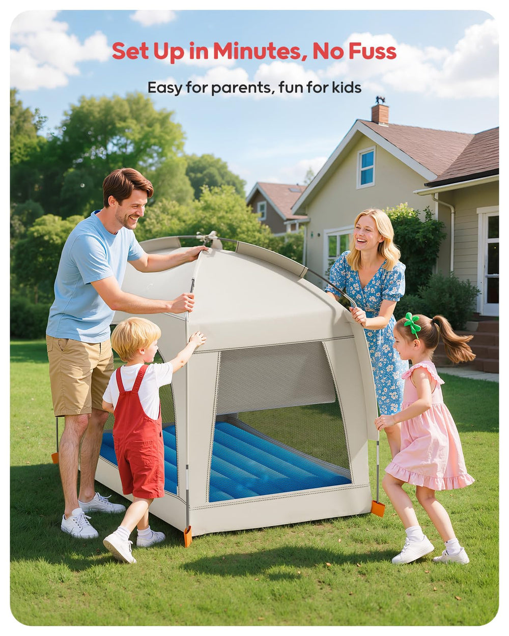 QPAU toddler bed tent folded in tote bag for portability.