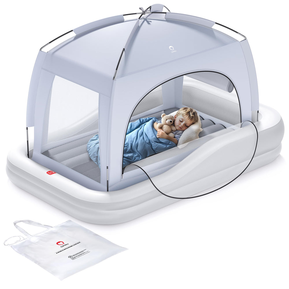 QPAU toddler travel bed with tent setup for easy on-the-go sleep during trips
