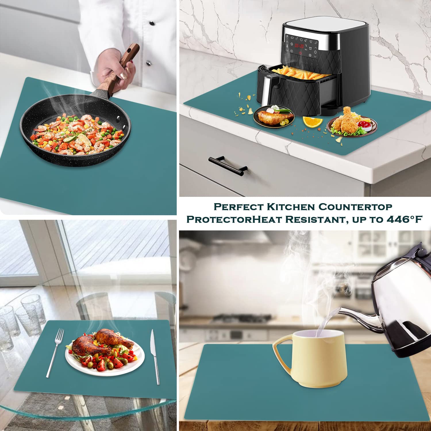 QPIX DIGITAL silicone mat rolling dough on green surface for easy pastry prep.