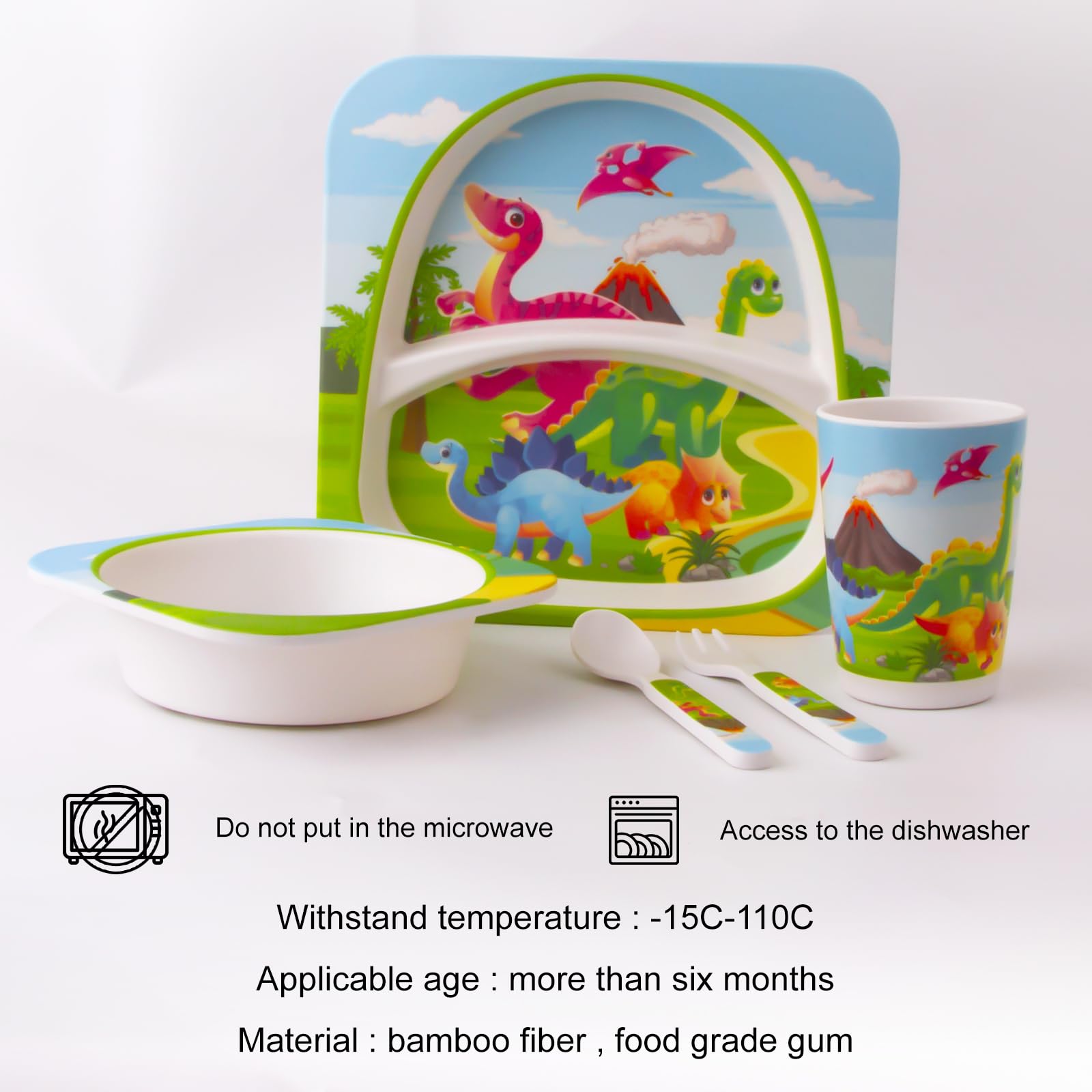 Qshare Tyrannosaurus cutlery set complements the dinosaur-themed dinnerware.
