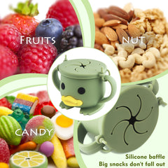 Qshare snack cup with double handles aids secure, independent gripping for toddlers.