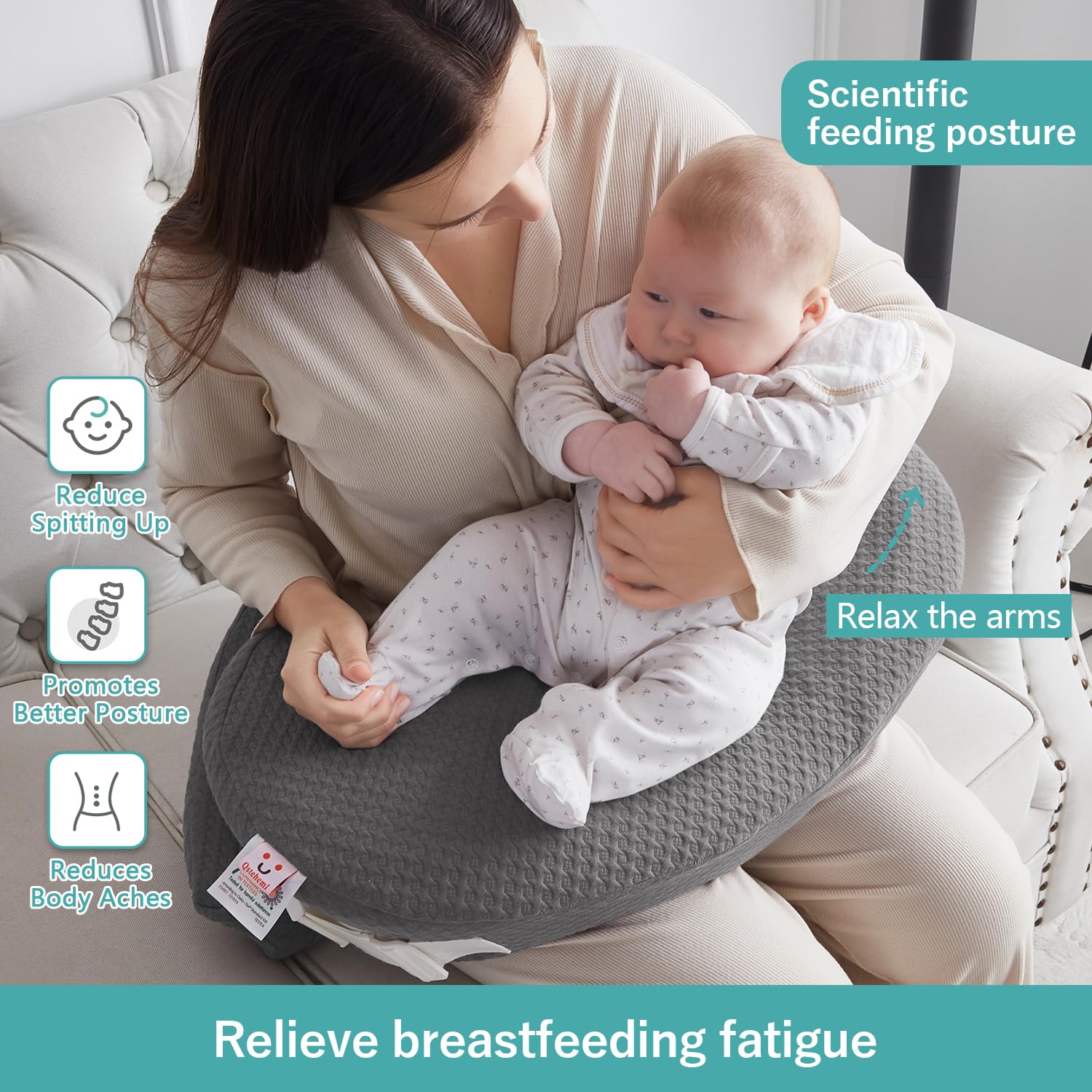 QSTEHEML nursing pillow enables hands-free feeding for multitasking moms.