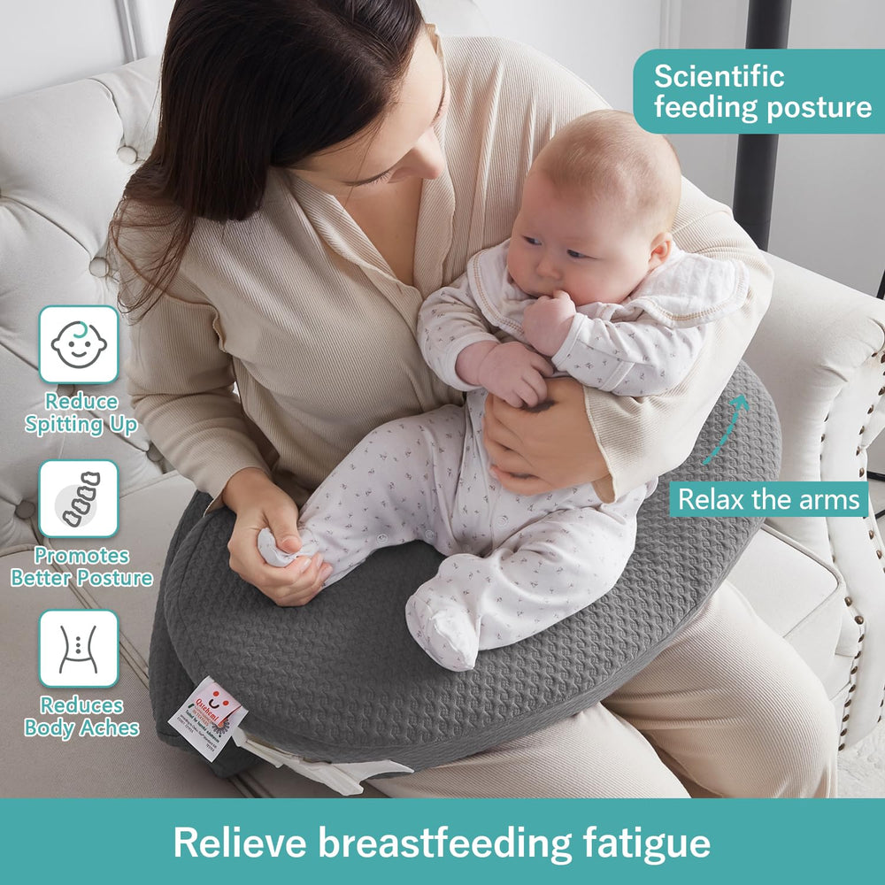 QSTEHEML nursing pillow enables hands-free feeding for multitasking moms.