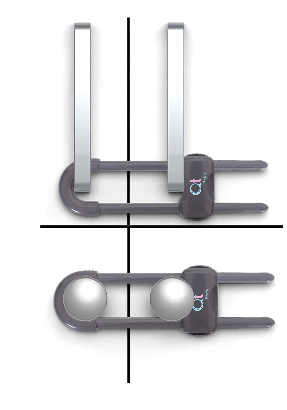 QT BABY Thunder Grey cabinet locks front view in a 12-pack, keeping curious toddlers out of cabinets.