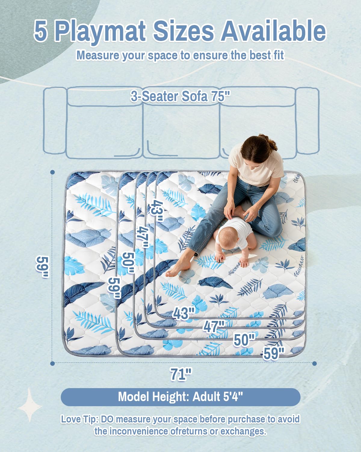 Quafret baby play mat nonslip-base ensures stable crawling on hard floors.