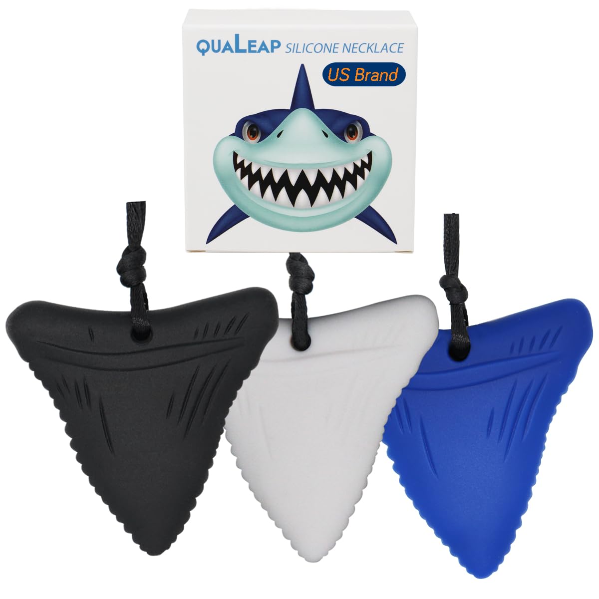 QuaLeap Amber Xtra Tough shark tooth necklace front view shows durable chew design for aggressive chewers