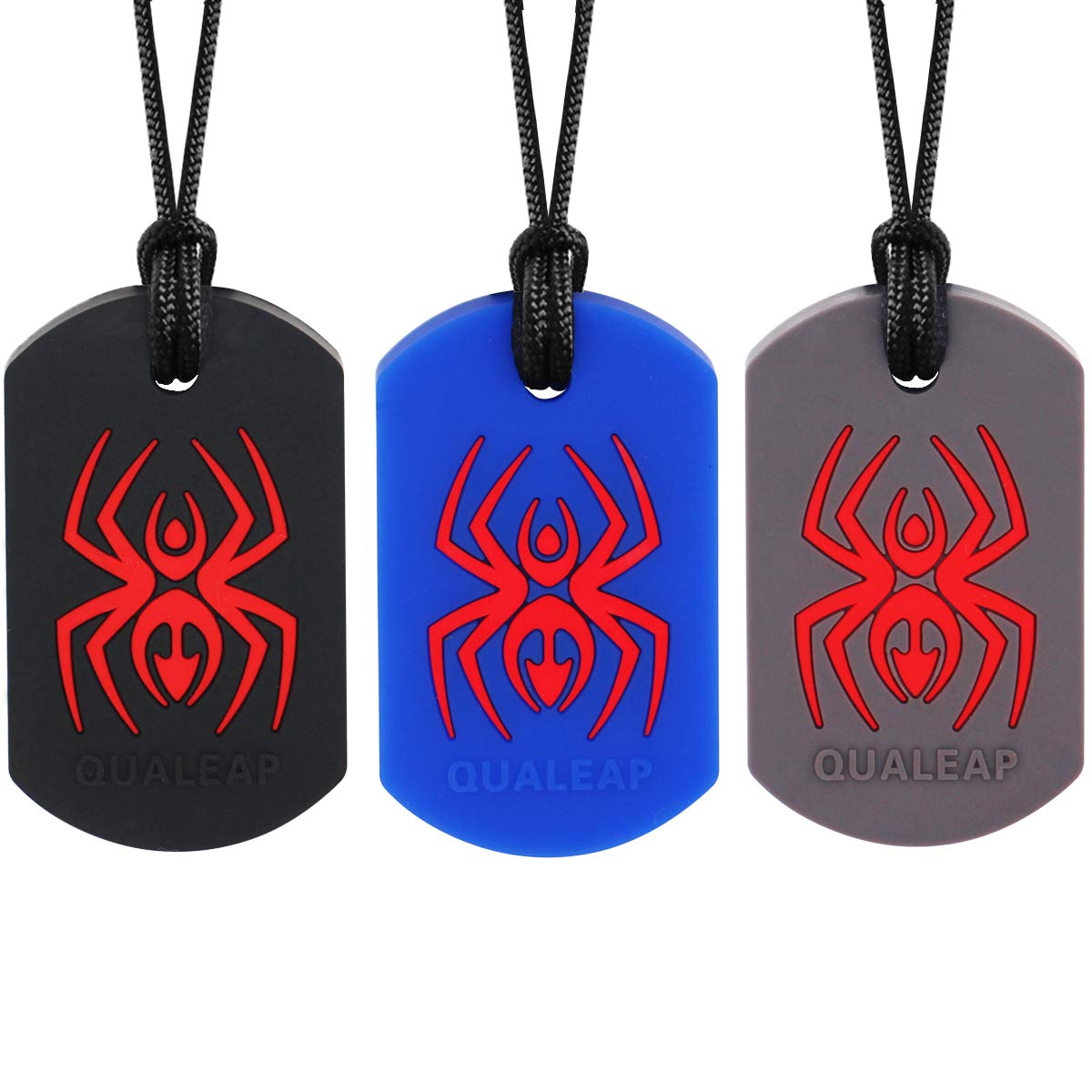 QUALEAP AMBER Spider Sensory Chew Necklace front view offers discreet chew outlet for fidgety kids.