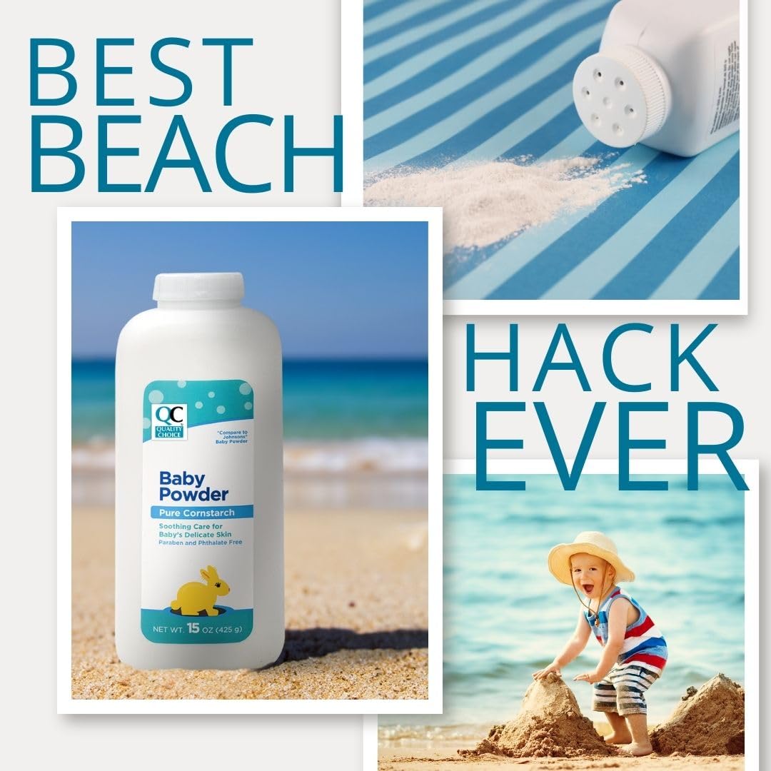 Quality Choice baby powder application on skin during diaper changes.