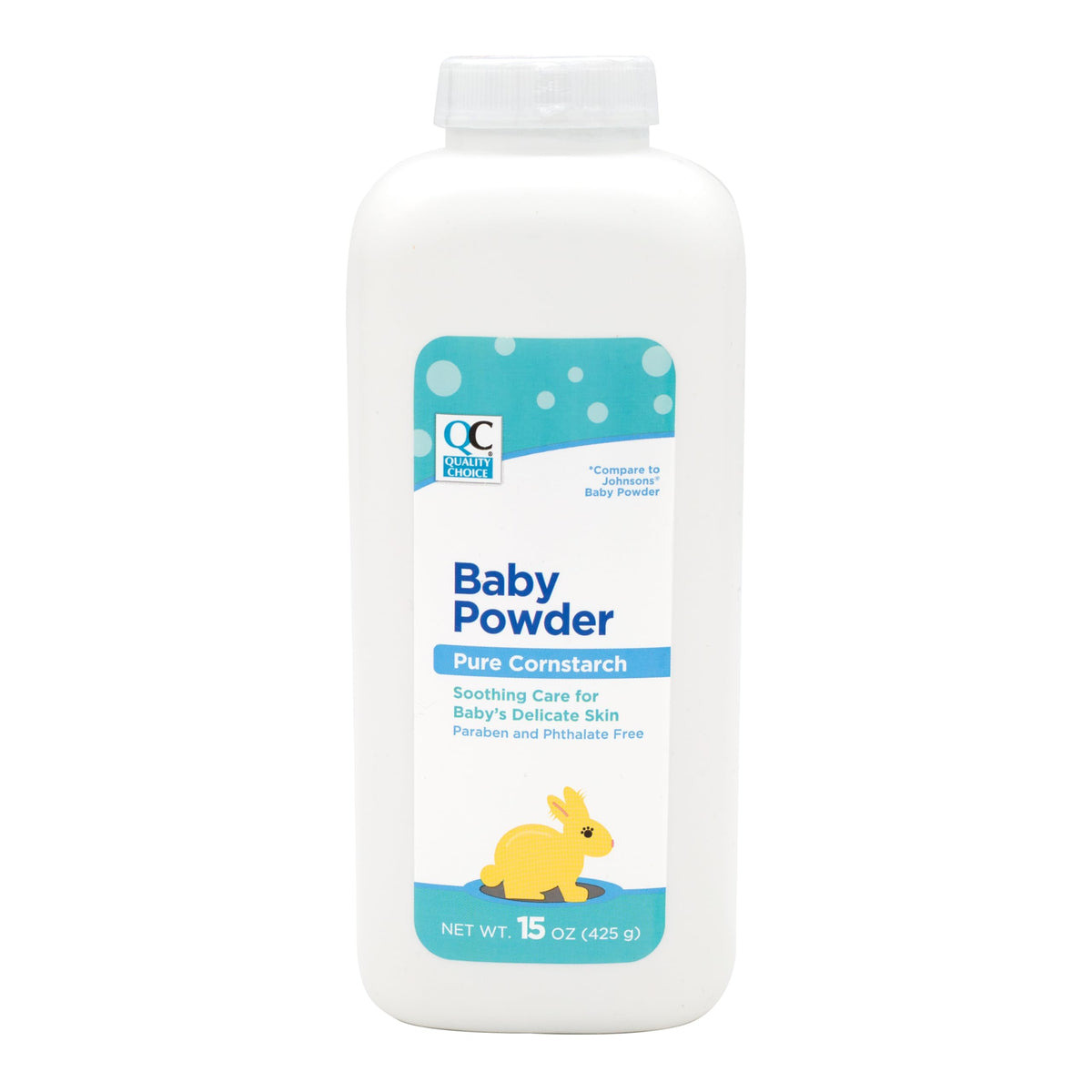Quality Choice Baby Powder bottle front showing gentle, pure cornstarch for delicate skin.