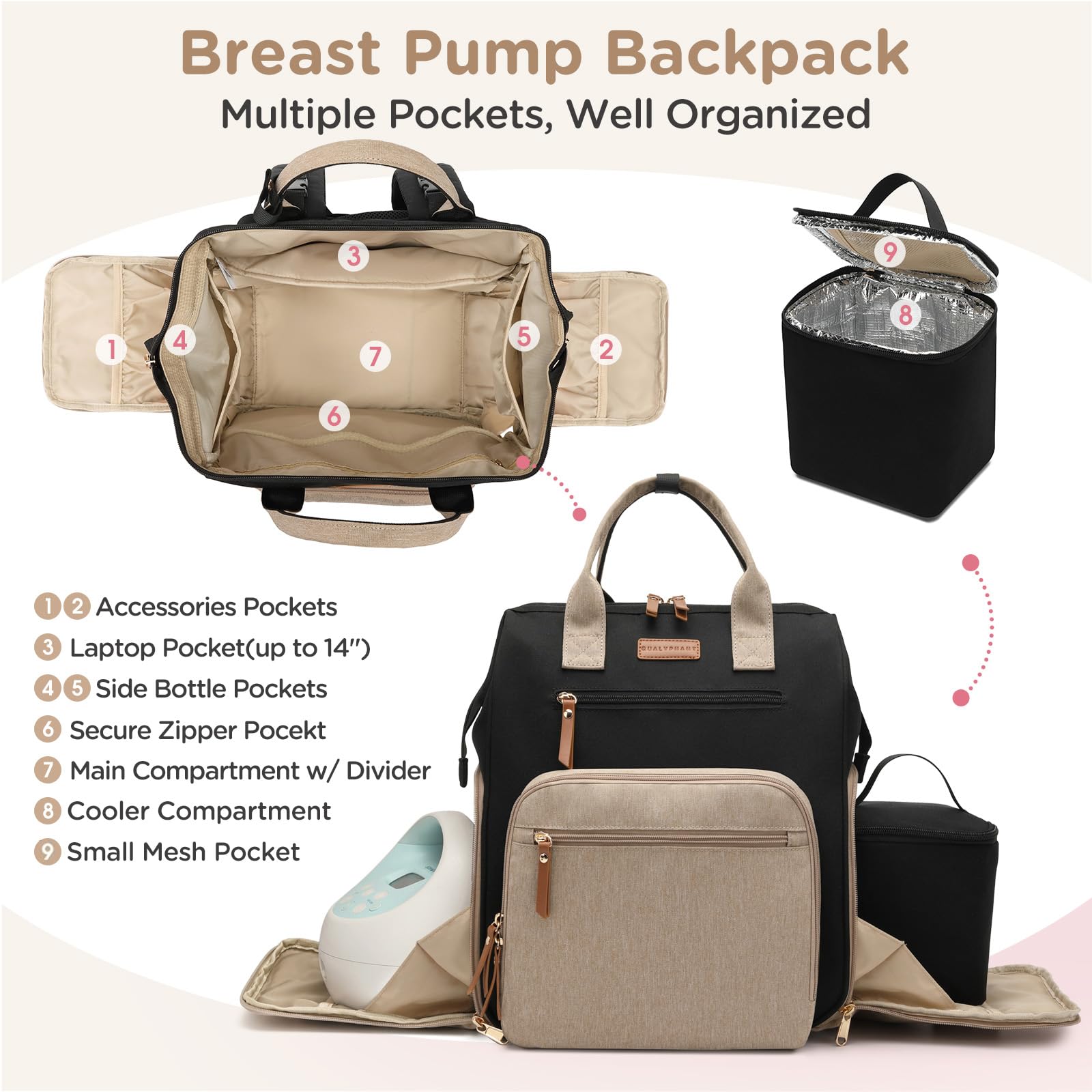 Qualyphant breast pump bag insulated bottle pockets for feeds on the move