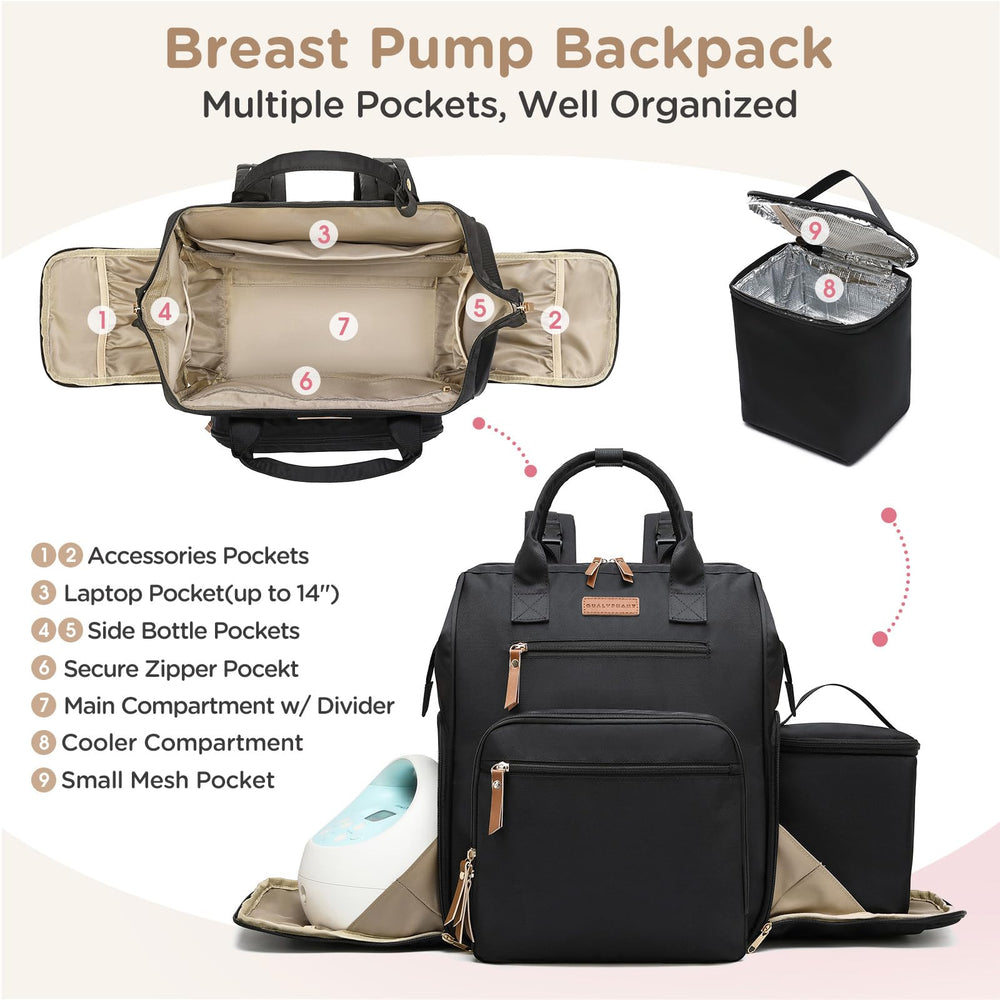 Qualyphant breast pump bag open setup highlighting large main compartment and divider flexibility.