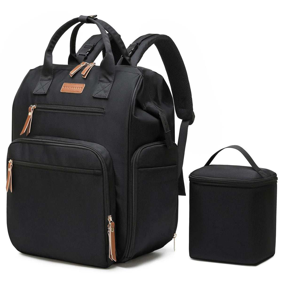 Qualyphant breast pump bag side view with dual openings and organized pockets for quick access.