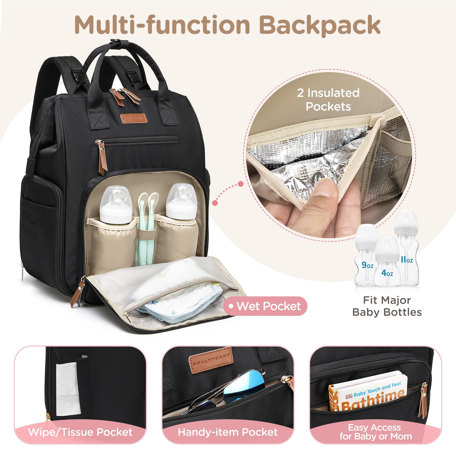 Qualyphant bag showing stroller straps and luggage sleeve for travel-friendly use.