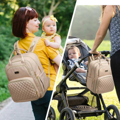 Qualyphant diaper bag backpack interior compartments organized for diapers, wipes, snacks.