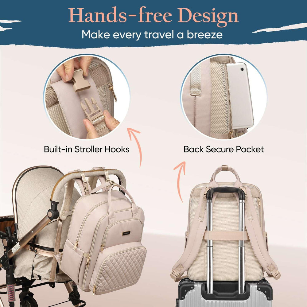 Qualyphant diaper bag backpack laptop pocket fits up to 16-inch devices for on-the-go work.