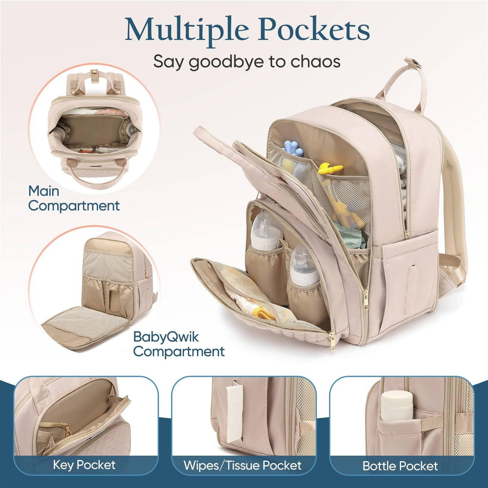 Qualyphant diaper bag backpack water-resistant fabric keeps supplies protected during outings.