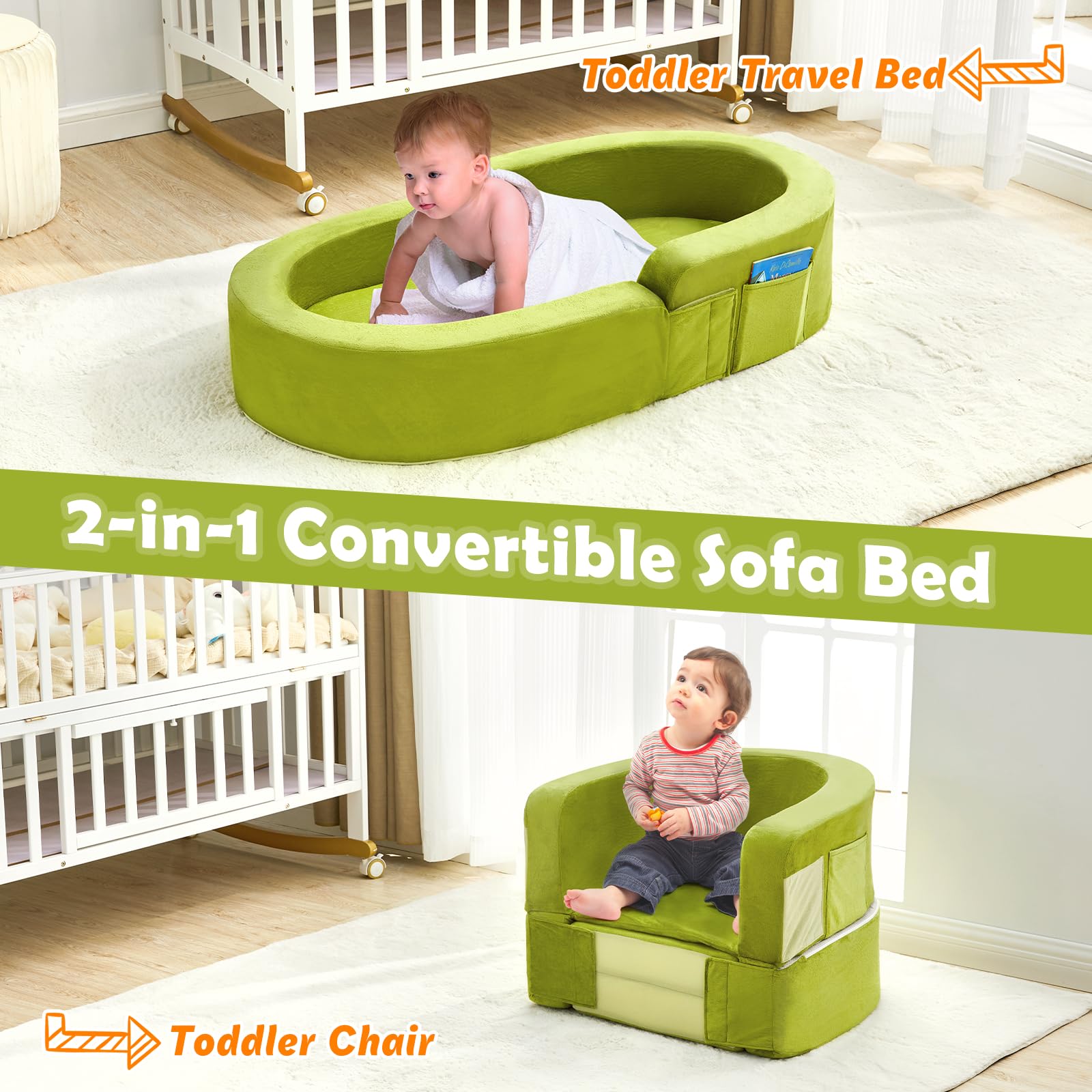 QUCHI toddler travel bed in sofa mode supports reading and relaxing.