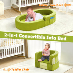 QUCHI toddler travel bed in sofa mode supports reading and relaxing.