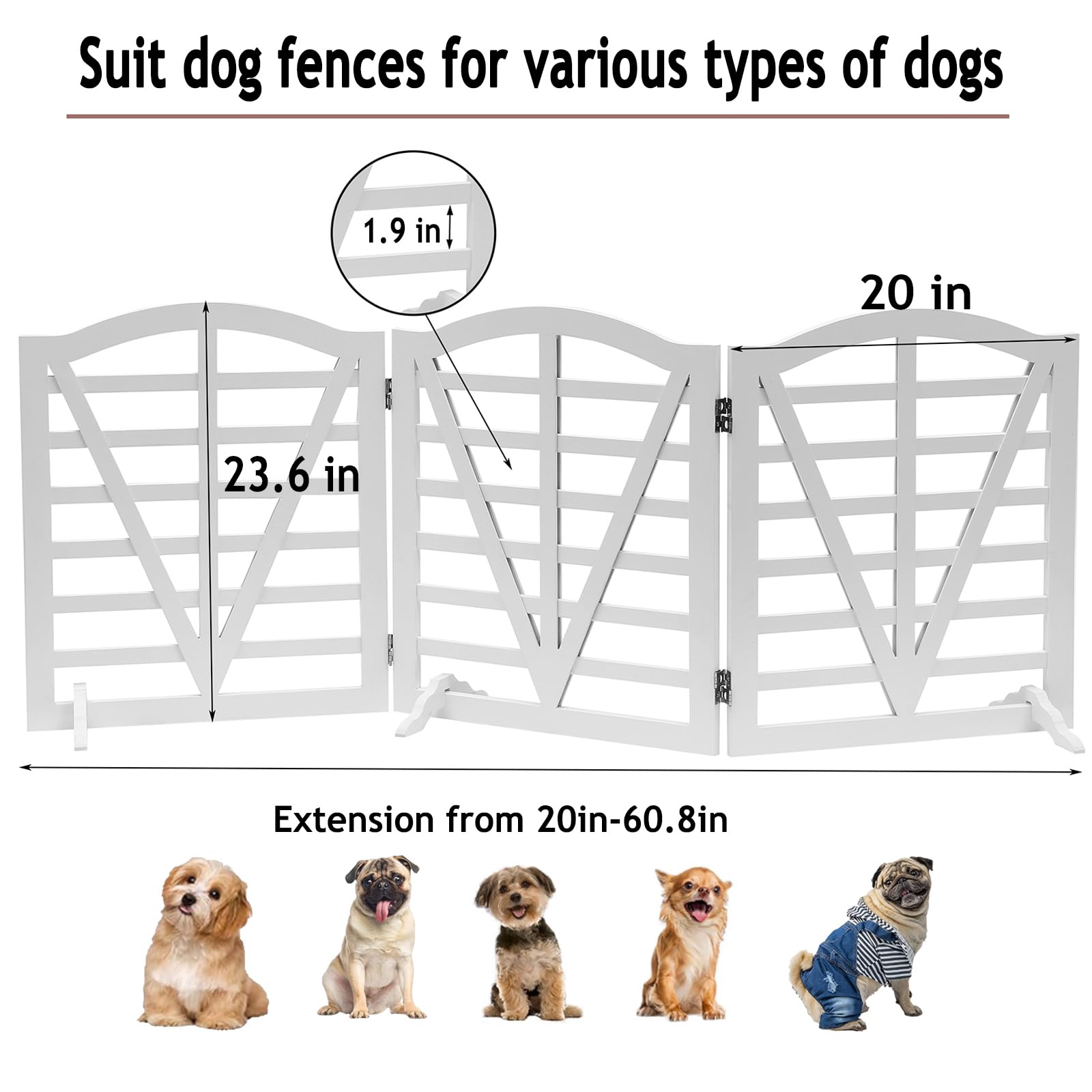 QUCHRYO wooden dog gate 23.6 inches high, suited for standard doorways.