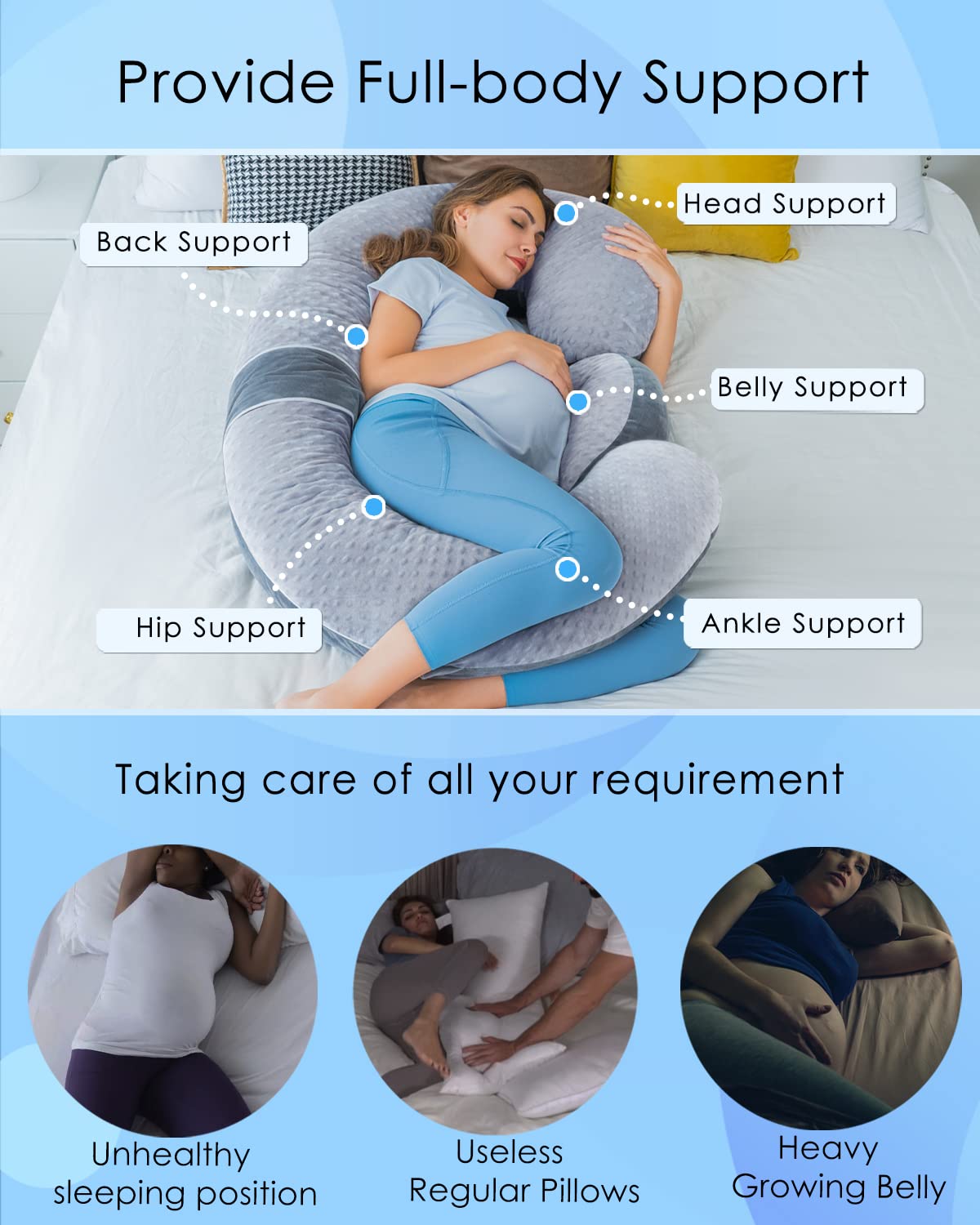 QUEEN ROSE E-shaped pillow aligns spine for comfortable side-sleep posture.