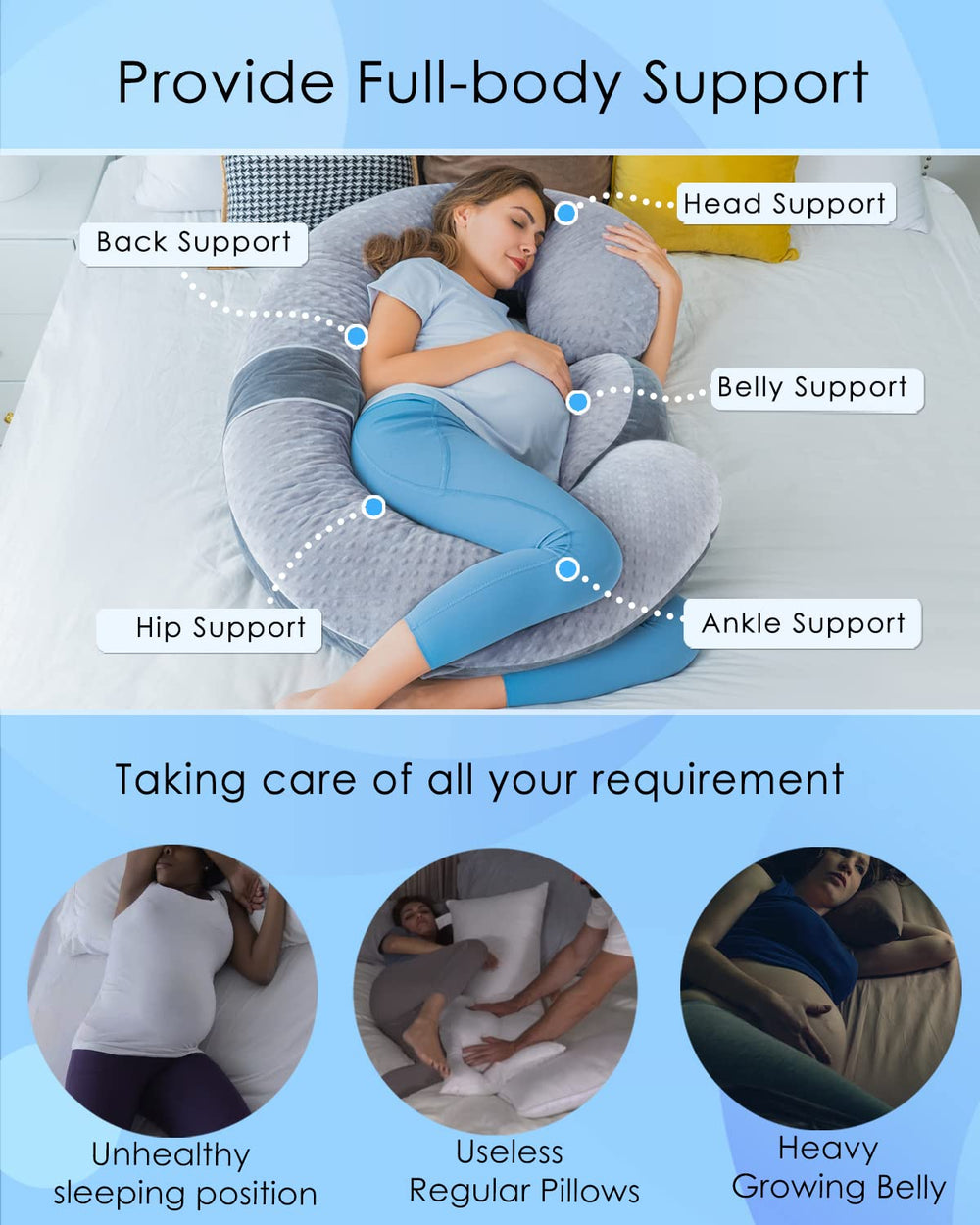 QUEEN ROSE E-shaped pillow aligns spine for comfortable side-sleep posture.