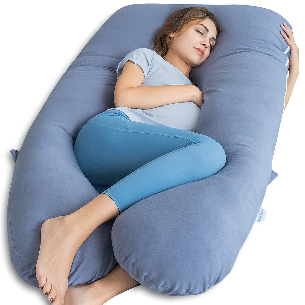 QUEEN ROSE 60-inch U-shaped blue pillow provides full-body sleep support.