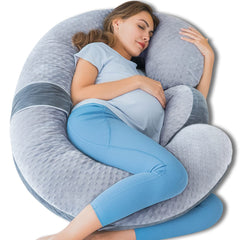 QUEEN ROSE pregnancy pillow in E-shape full-body view improves alignment for side sleepers.