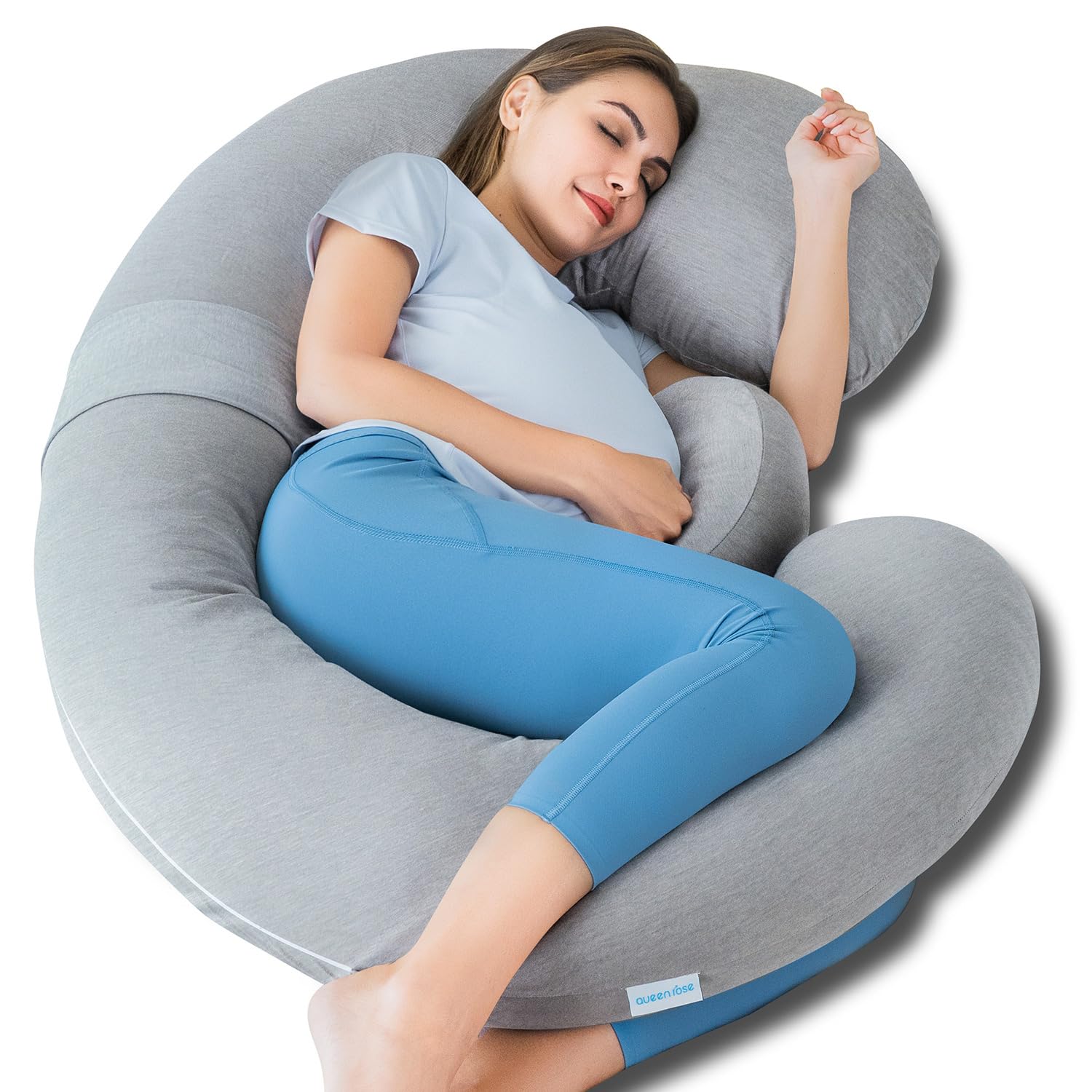 Queen Rose pregnancy pillow main body supports neck and back for side sleepers.