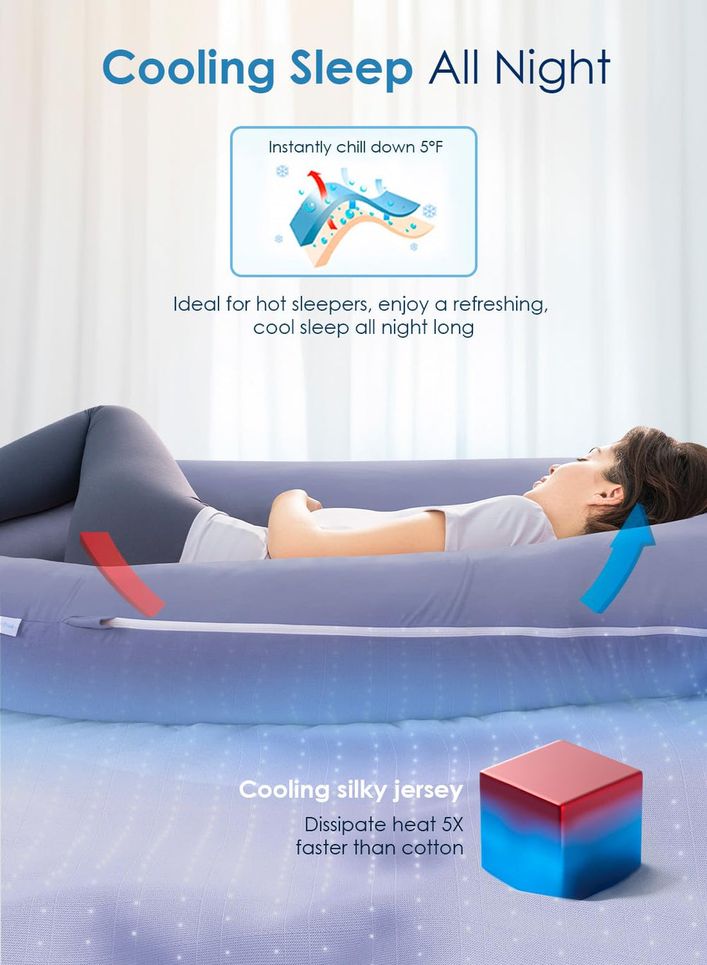 QUEEN ROSE pregnancy pillow side-sleeping setup providing spinal alignment and support.