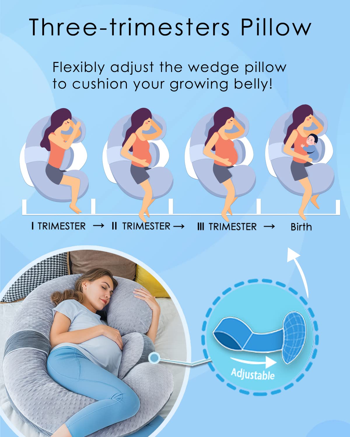 QUEEN ROSE pregnancy pillow demonstrates side sleeping position support and contouring.