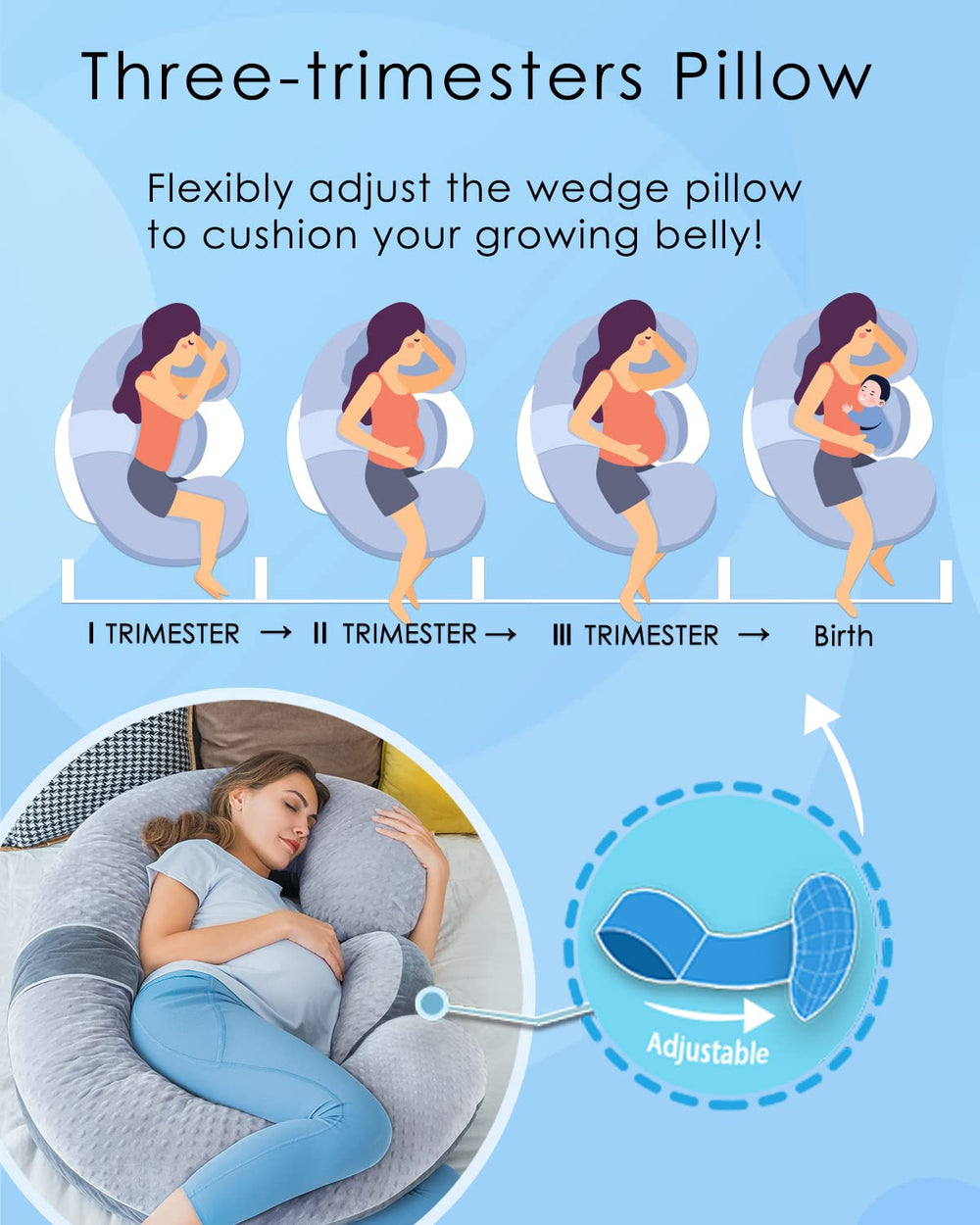 QUEEN ROSE pregnancy pillow demonstrates side sleeping position support and contouring.