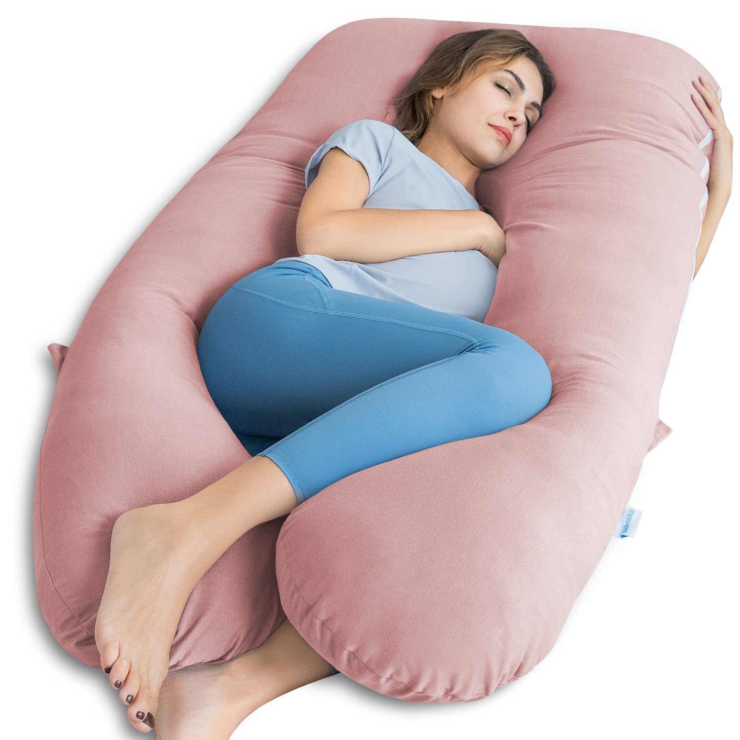 QUEEN ROSE pregnancy pillow U-shape on bed supports head and body for deep comfort.