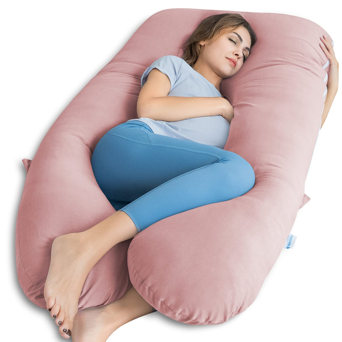 QUEEN ROSE pregnancy pillow U-shape on bed supports head and body for deep comfort.