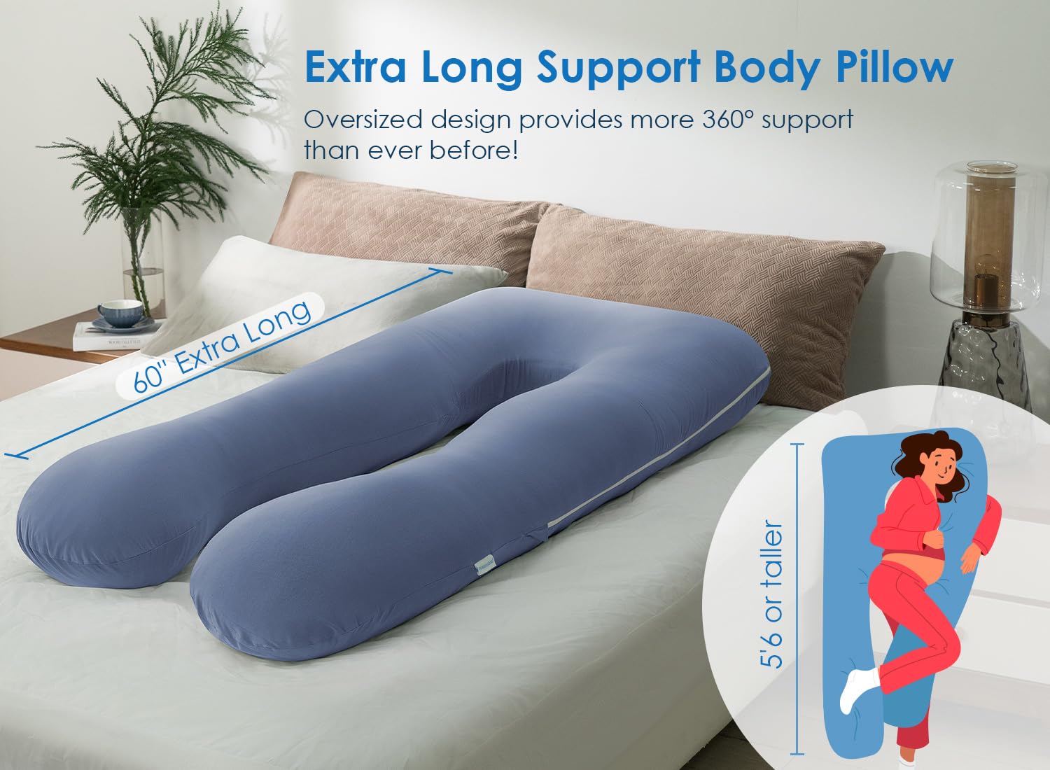 QUEEN ROSE blue U-shaped pillow with ergonomic design supports pregnancy comfort.