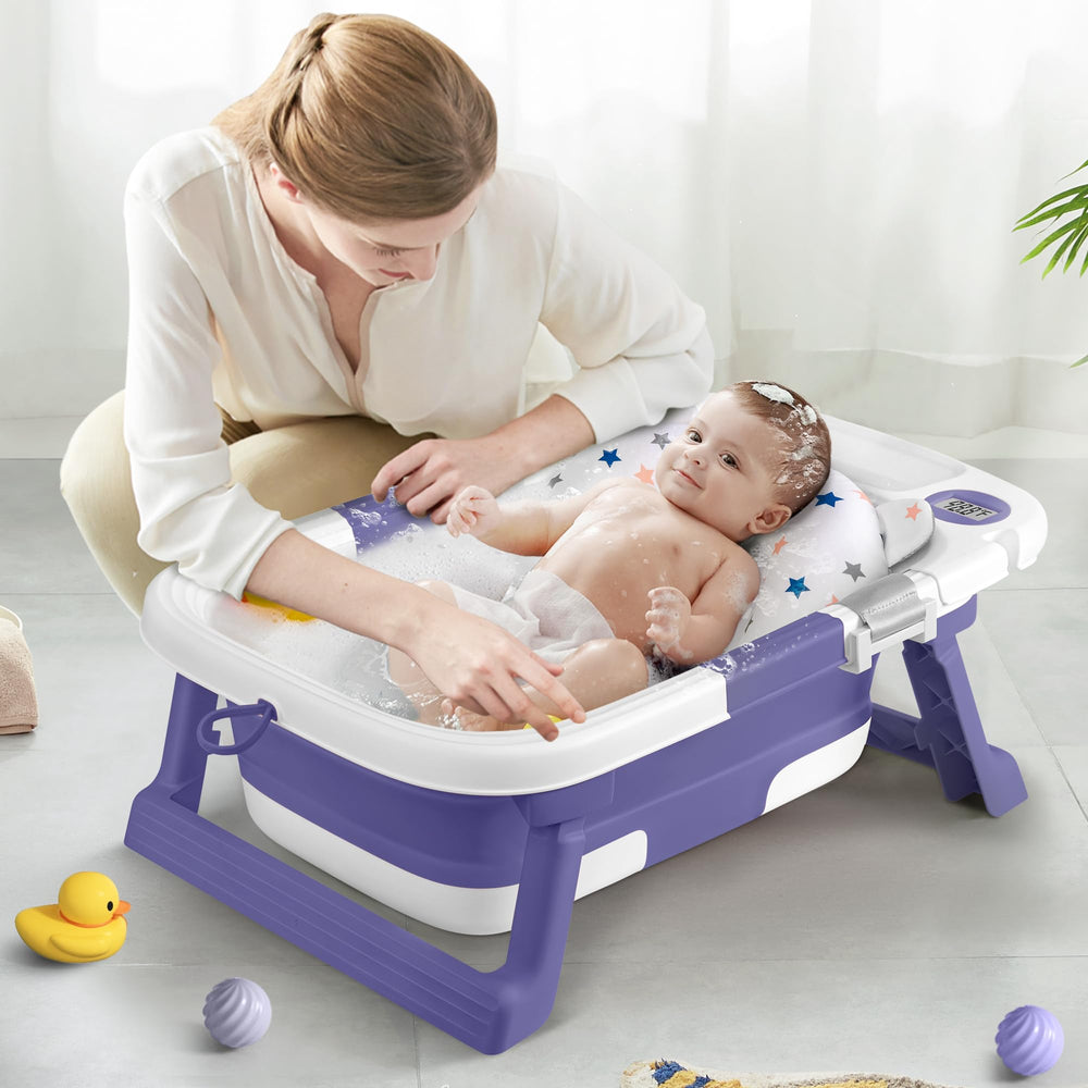 QueenFul lavender tub adds calm ambiance to bath-time routines.