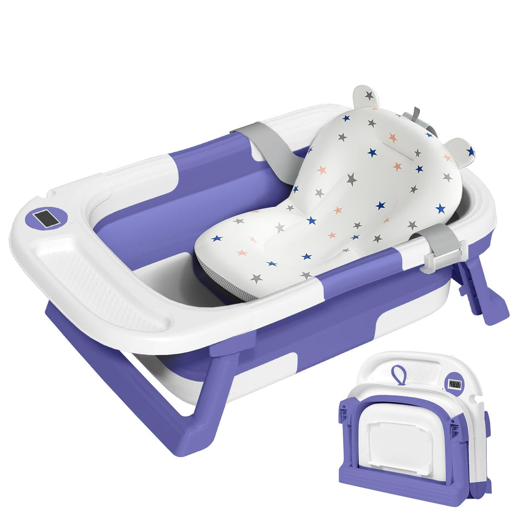 QueenFul collapsible baby bathtub folded for compact storage and travel convenience.
