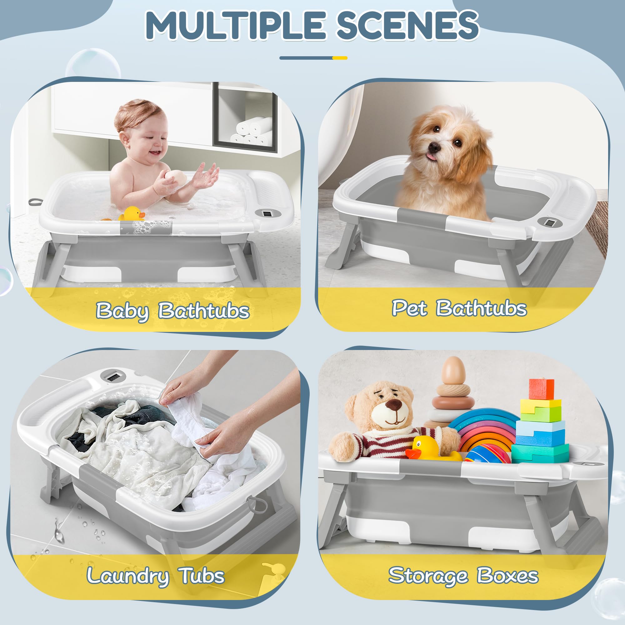QueenFul collapsible baby bathtub four-corner stable base prevents tipping.