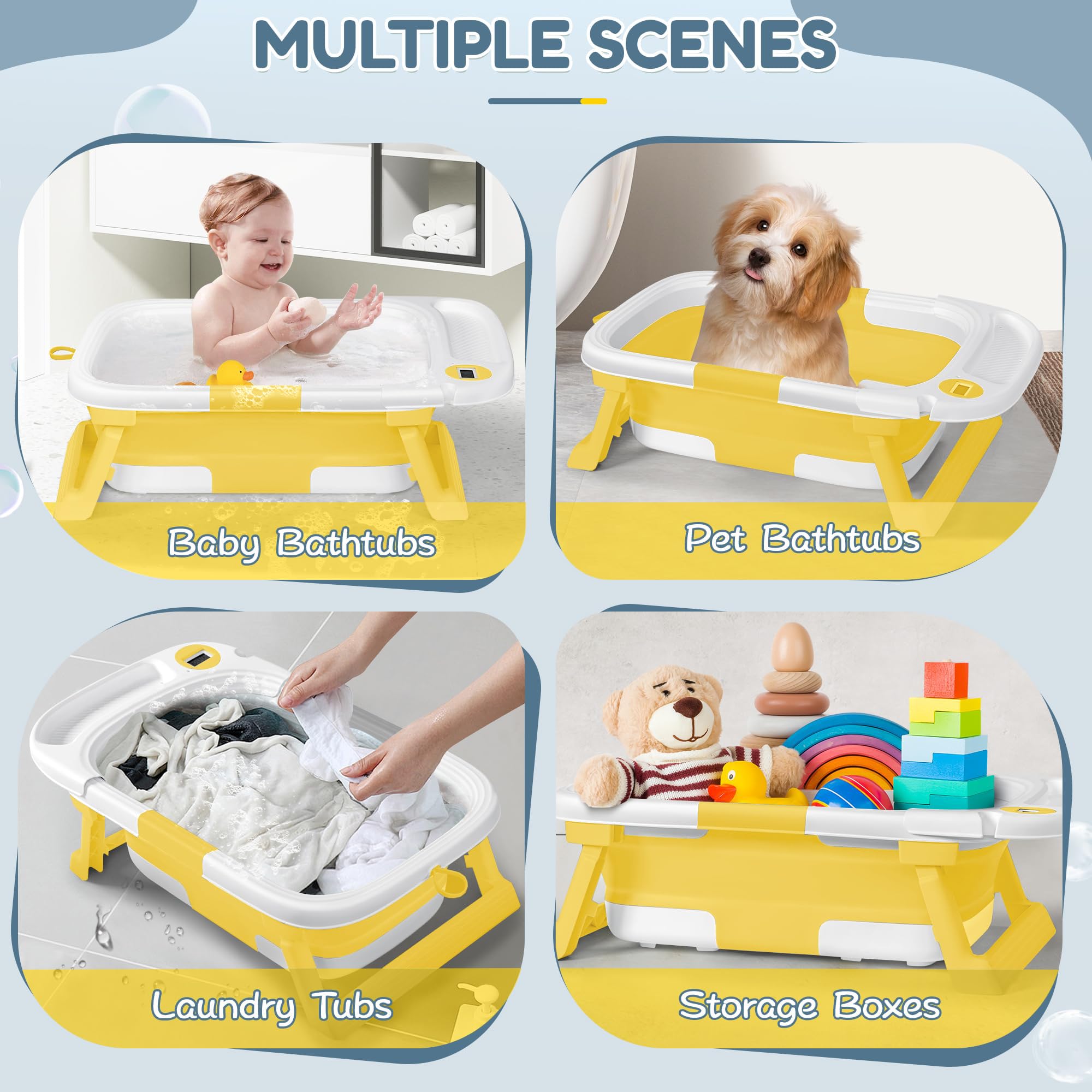 QueenFul collapsible baby bathtub four-corner support prevents tipping and adds stability.