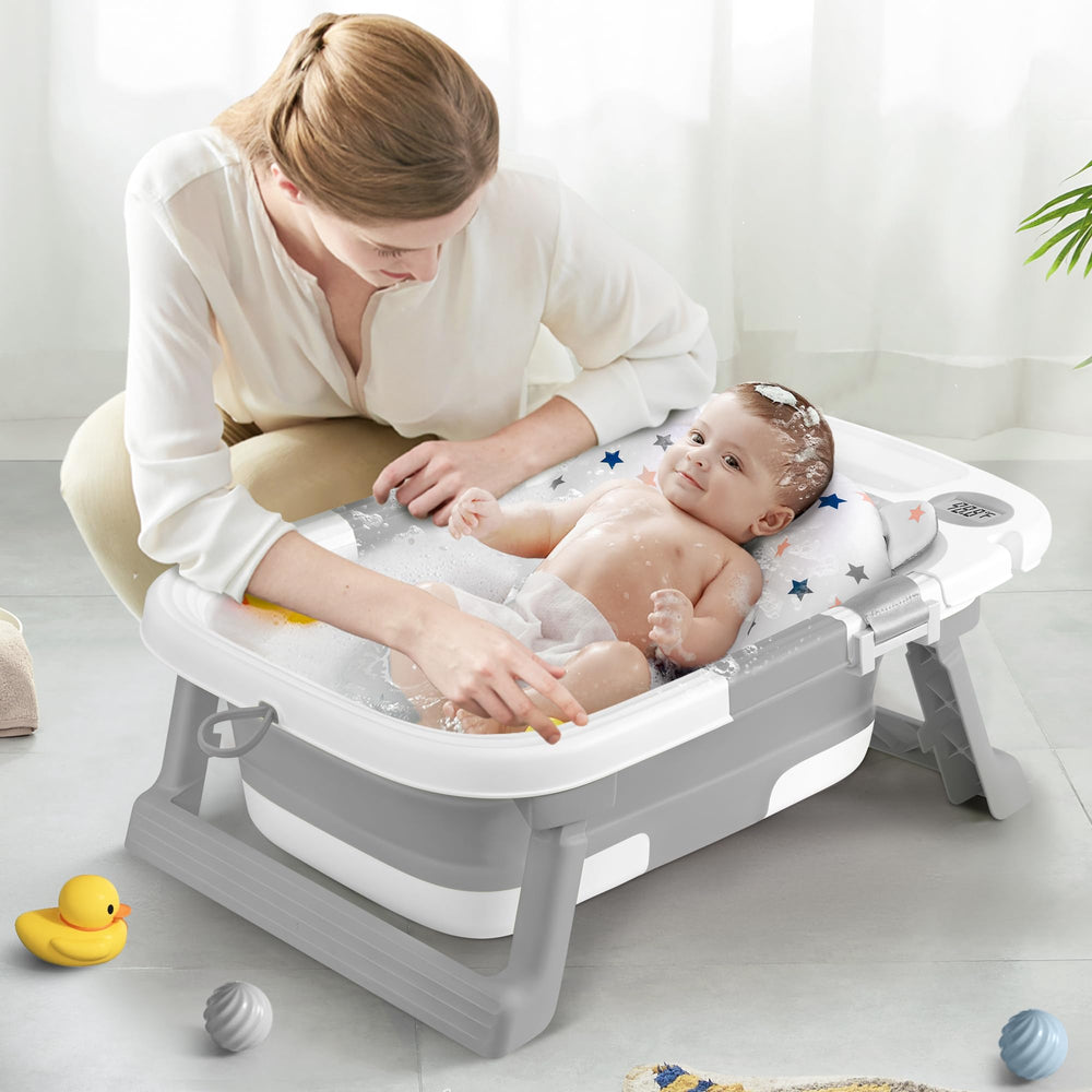 QueenFul collapsible baby bathtub suitable for newborn to toddler with supervision.
