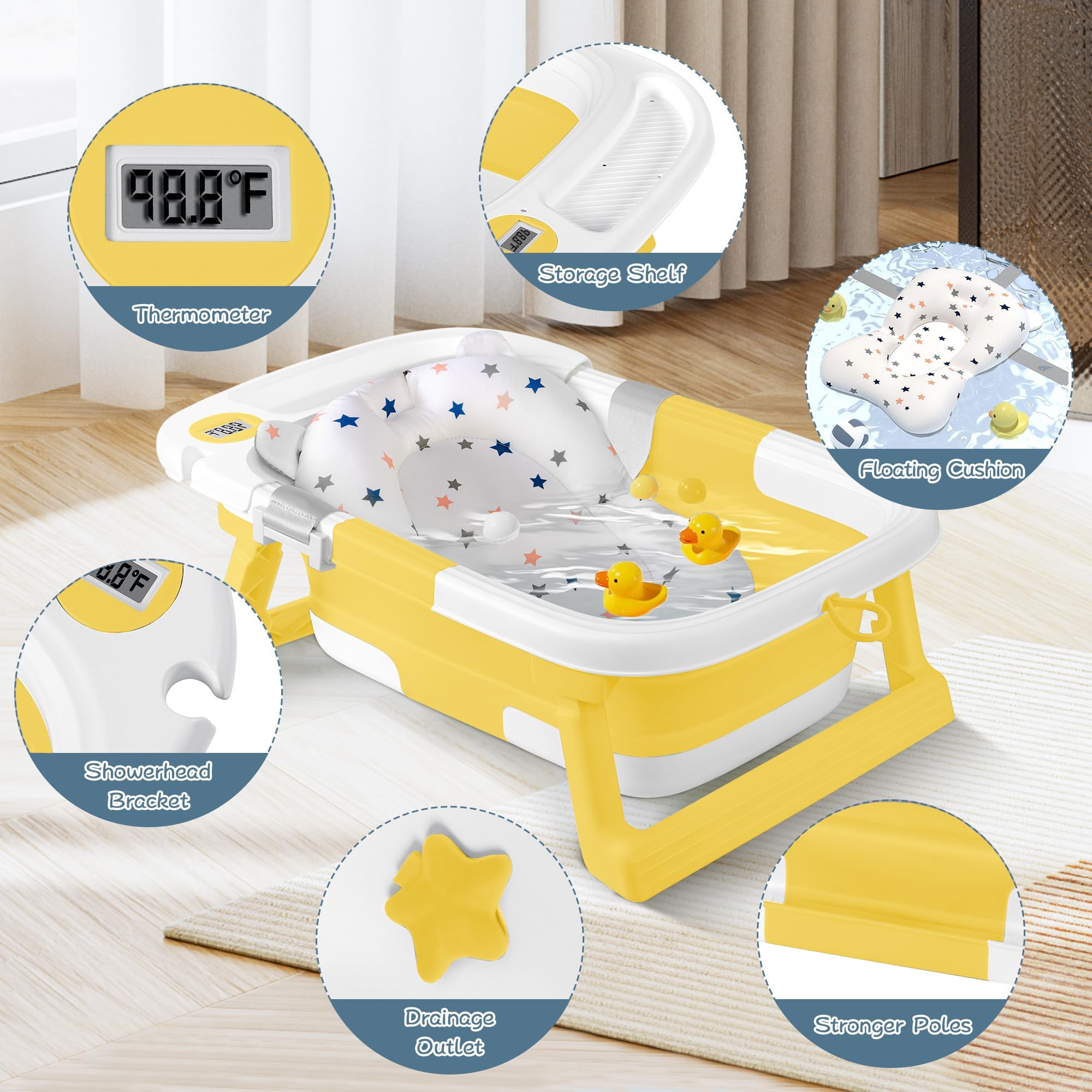 QueenFul collapsible baby bathtub off-ground drain allows easy emptying.