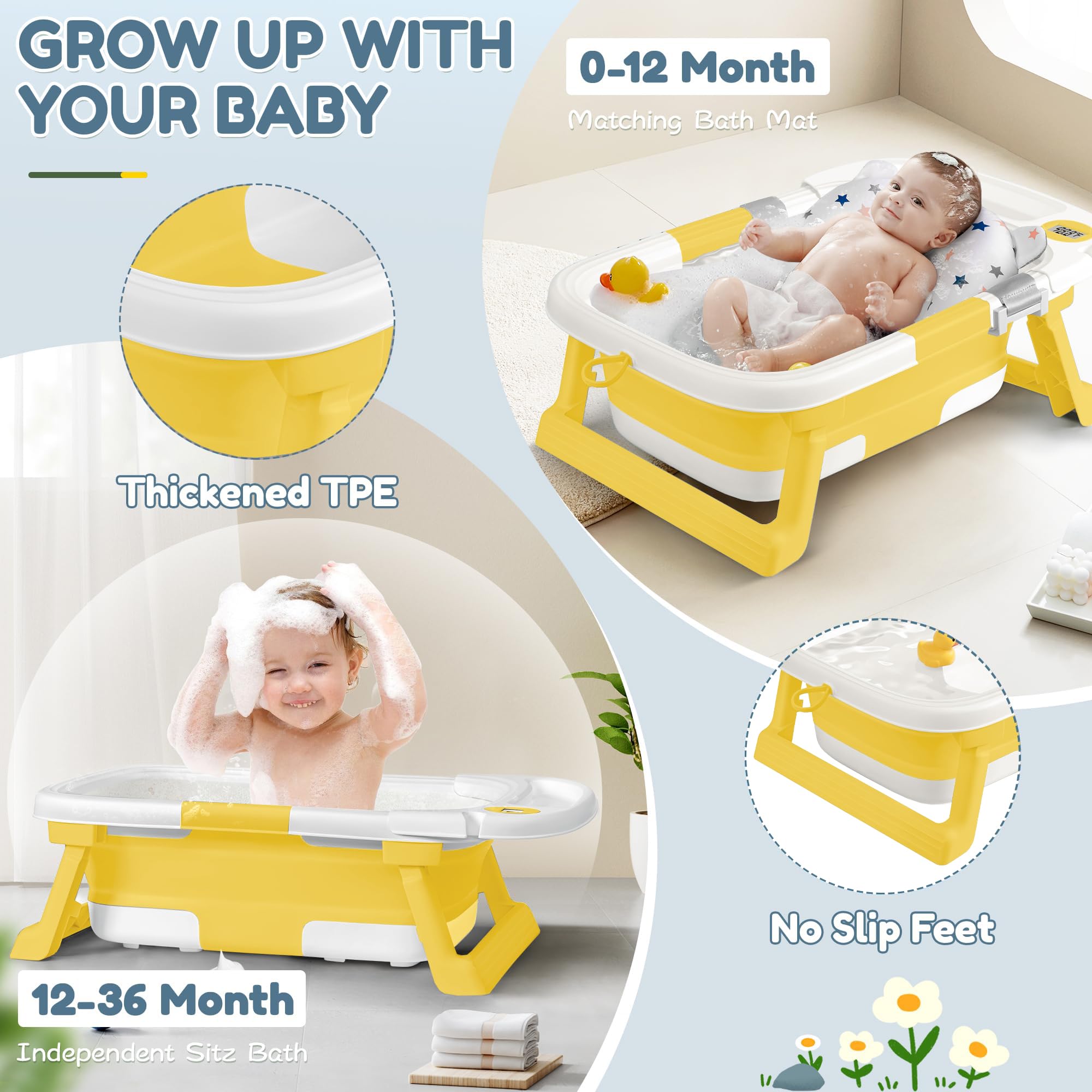 QueenFul collapsible baby bathtub removable cushion supports head and neck during baths.