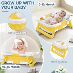 QueenFul collapsible baby bathtub removable cushion supports head and neck during baths.