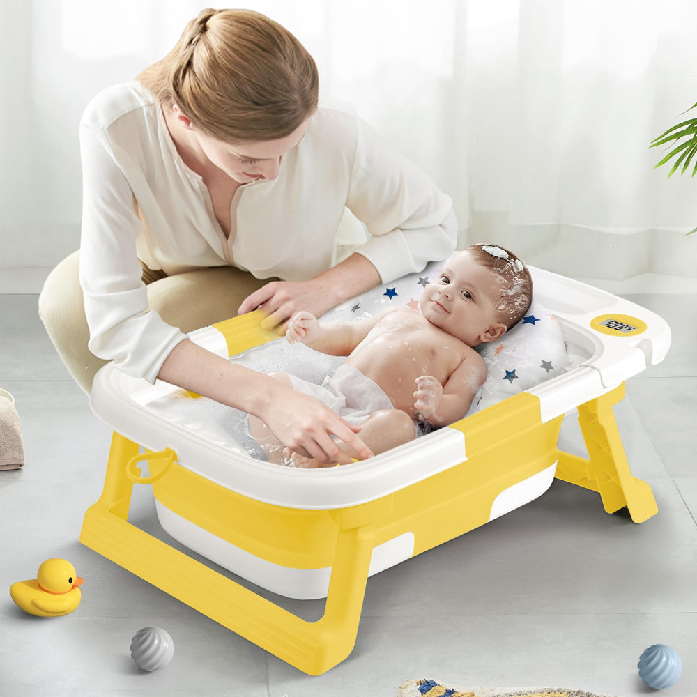QueenFul collapsible baby bathtub travel-ready design suits newborns to toddlers.