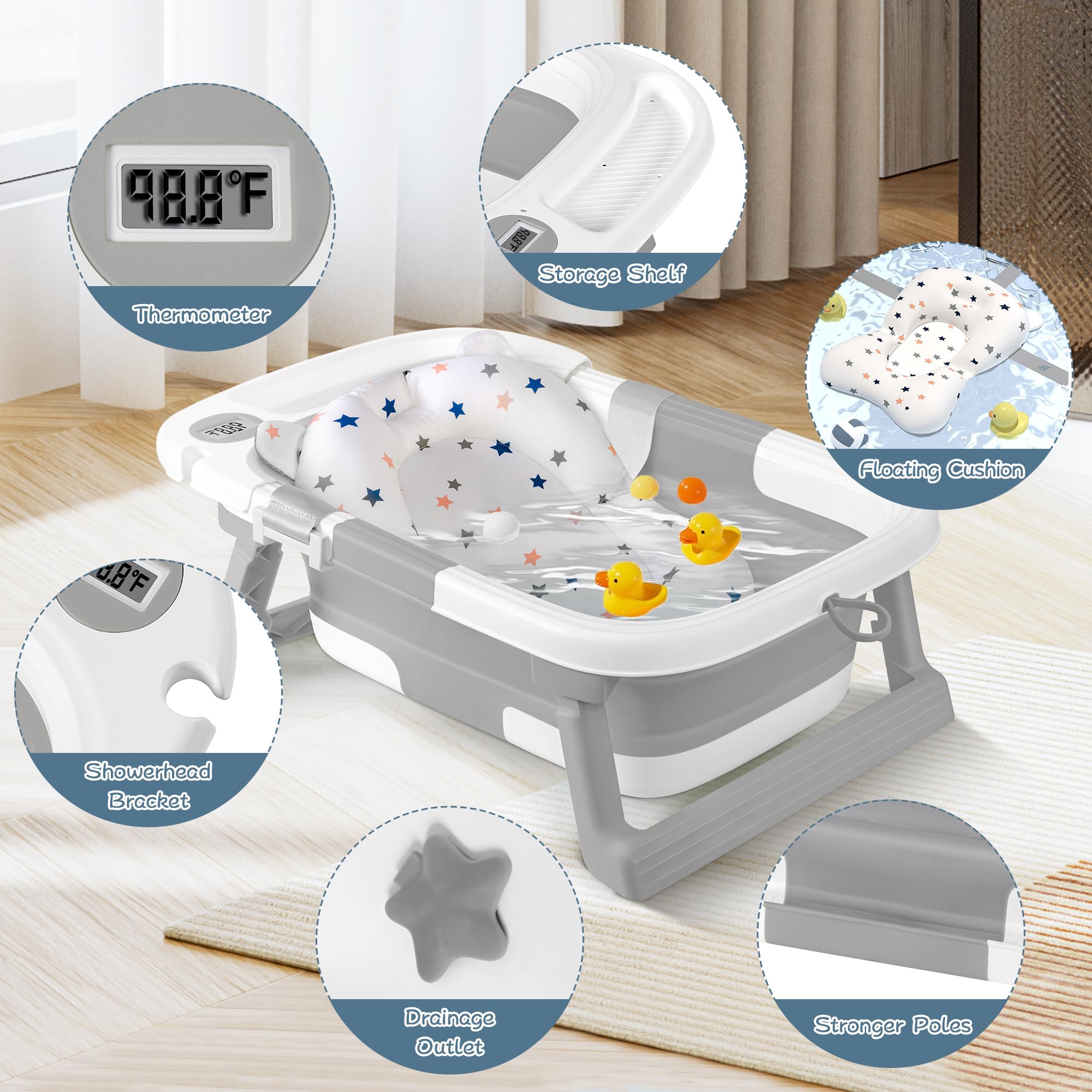QueenFul collapsible baby bathtub water drain plug enables easy water release.
